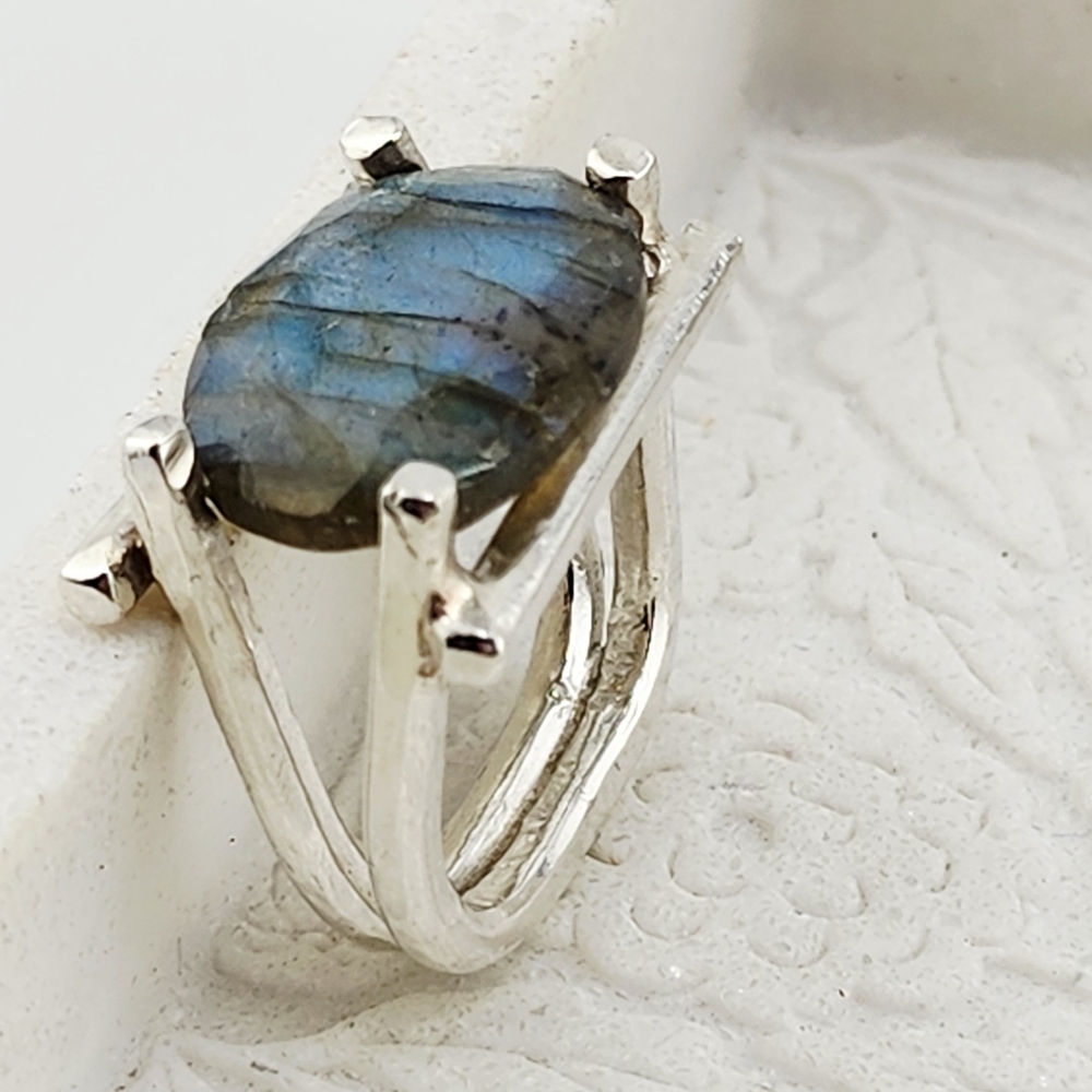 LABRADORITE STATEMENT RING HANDMADE IN RECYCLED ATERLING SILVER UNISEX SIZE 7.5